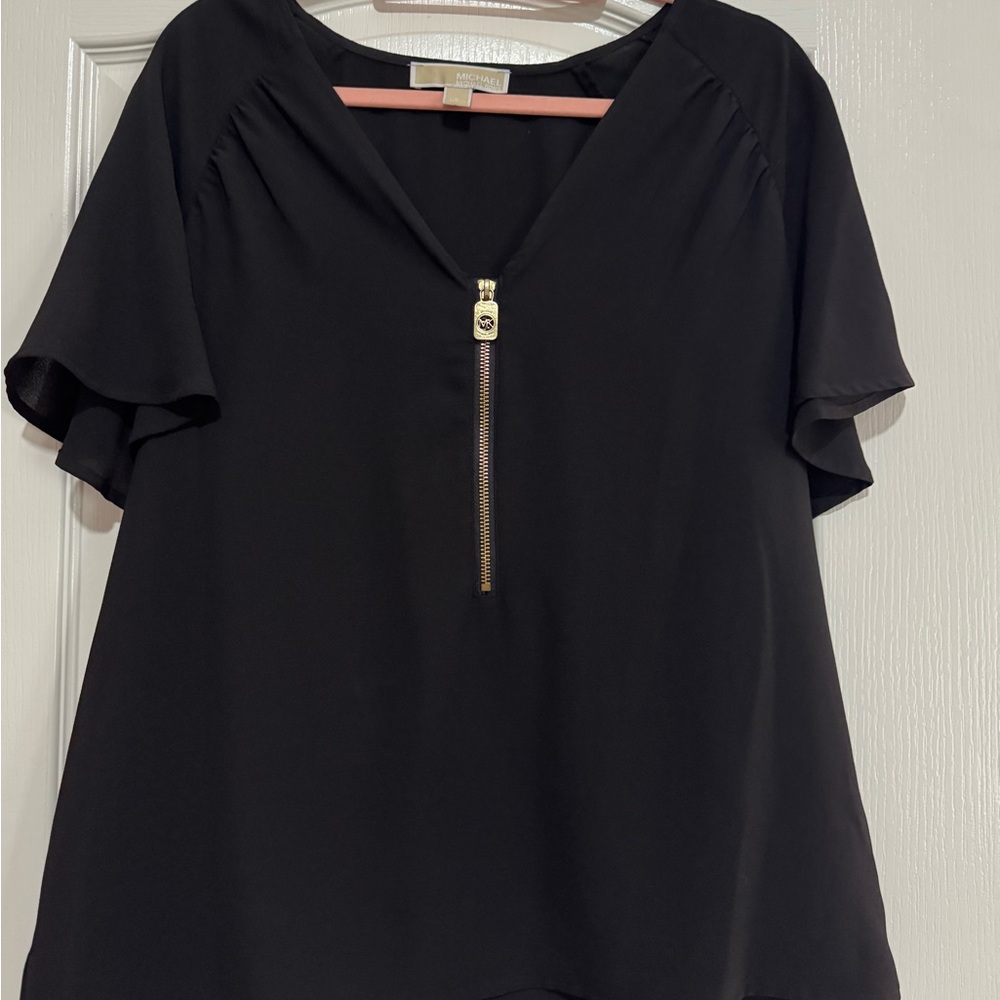 NWOT Michael Kors Black V-Neck Blouse with Gold Zipper